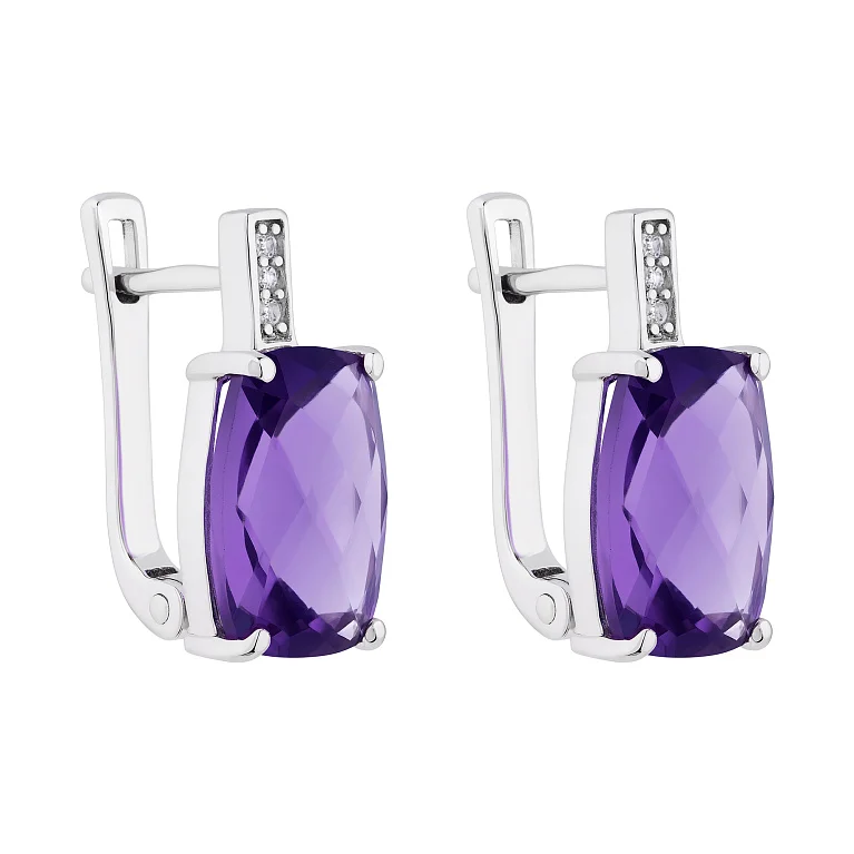 Срібні сережки з аметистом та фіанітами - 2145886