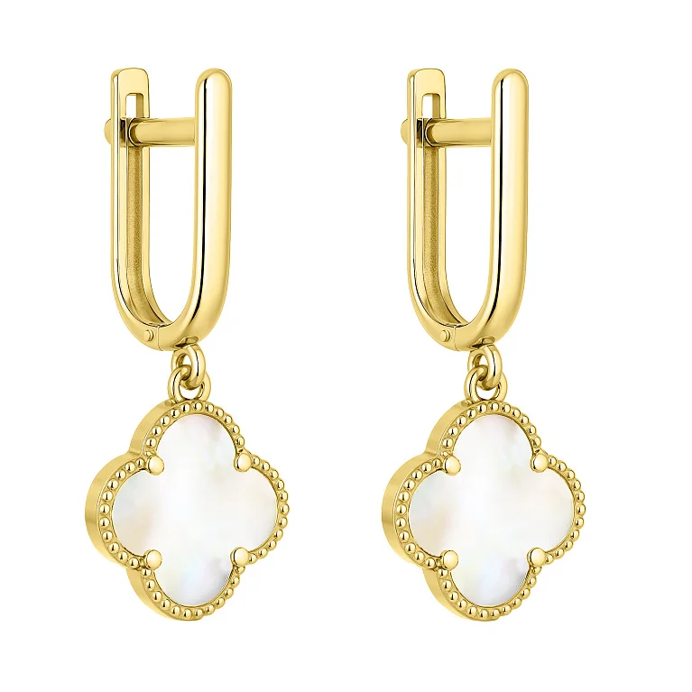 Серьги в желтом золоте "Клевер" с перламутром - 2139263