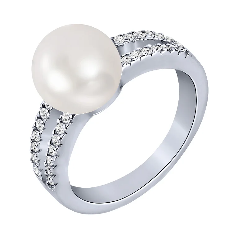 Серебряное кольцо с жемчужиной и фианитами - 2098577