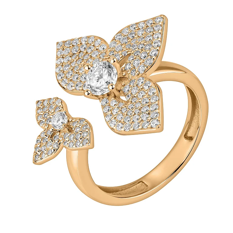 Каблучка незамкнута з червоного золота з фіанітами "Квіти" - 2182967