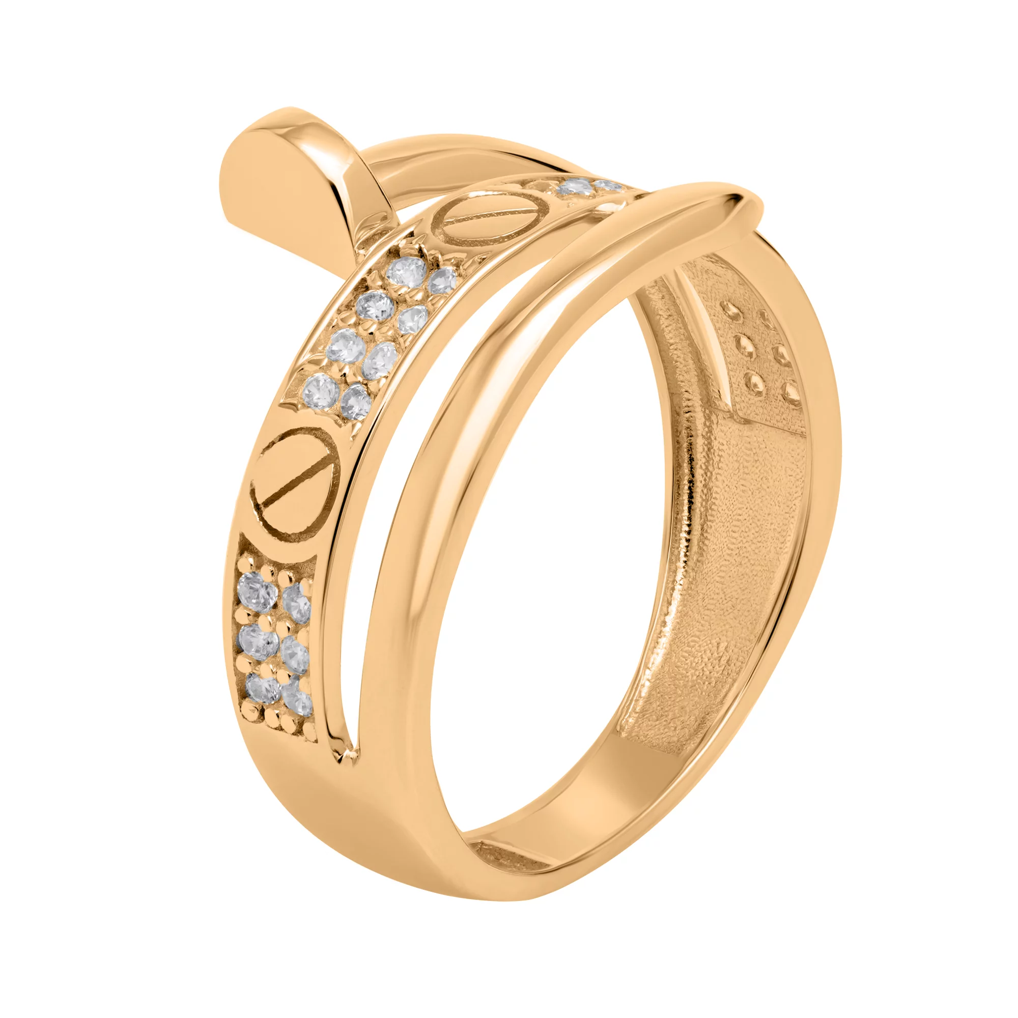Золотое кольцо "Гвоздь" с фианитами - 1636089 – изображение 1