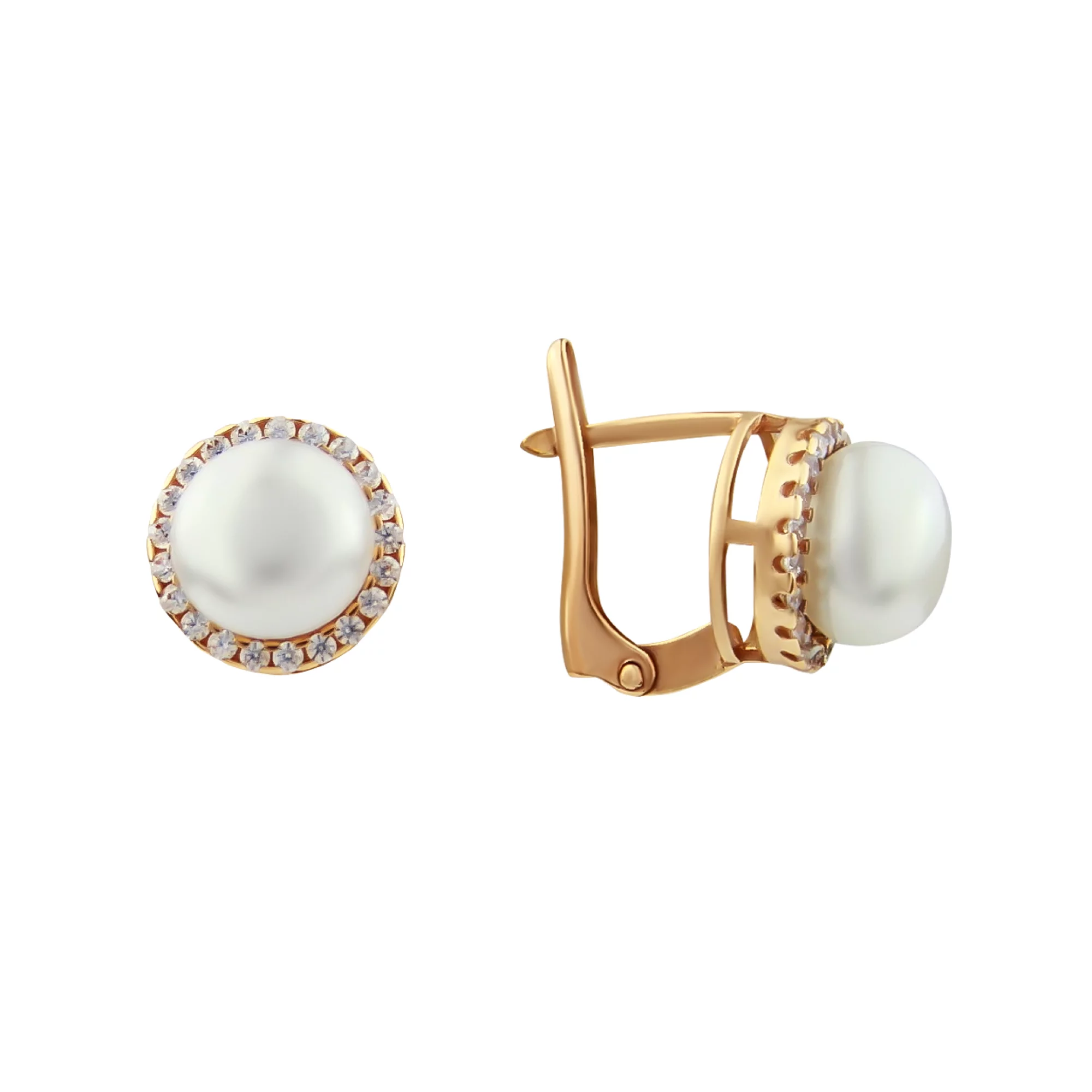 Золоті сережки з перлами і фіанітом - 409565 – зображення 1