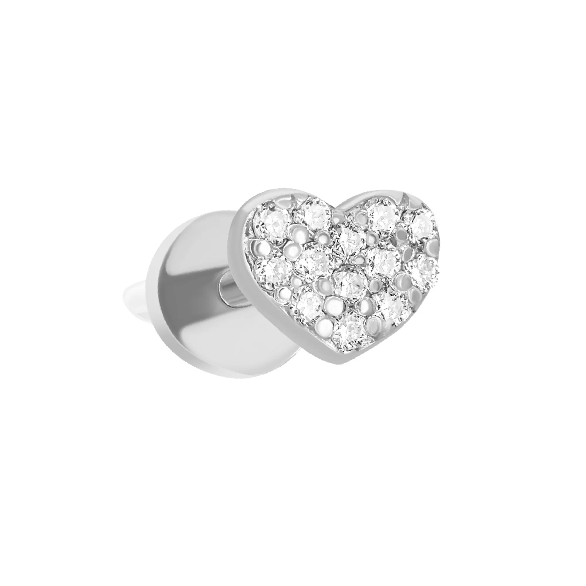 Одна сережка-гвоздик у білому золоті "Серце" з діамантами - 1728885 – зображення 1