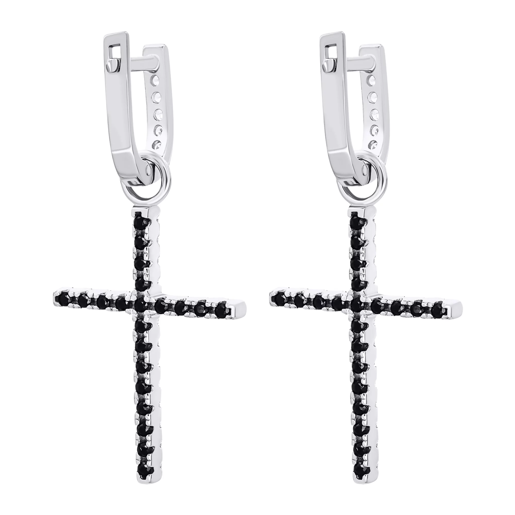 Серебряные серьги с подвесками "Крестики" с белыми и черными фианитами - 1550075 – изображение 2