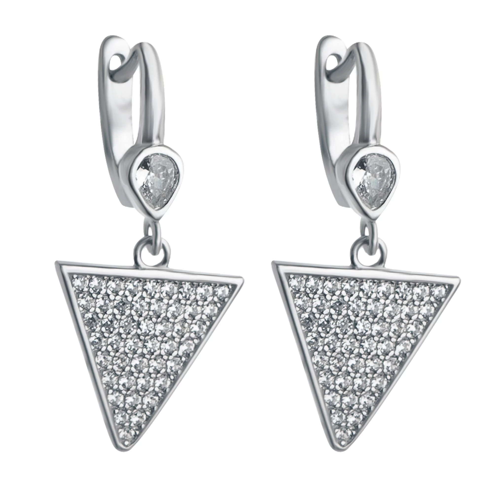 Сережки серебряные с подвесками и фианитом "Треугольник" - 951052 – изображение 1