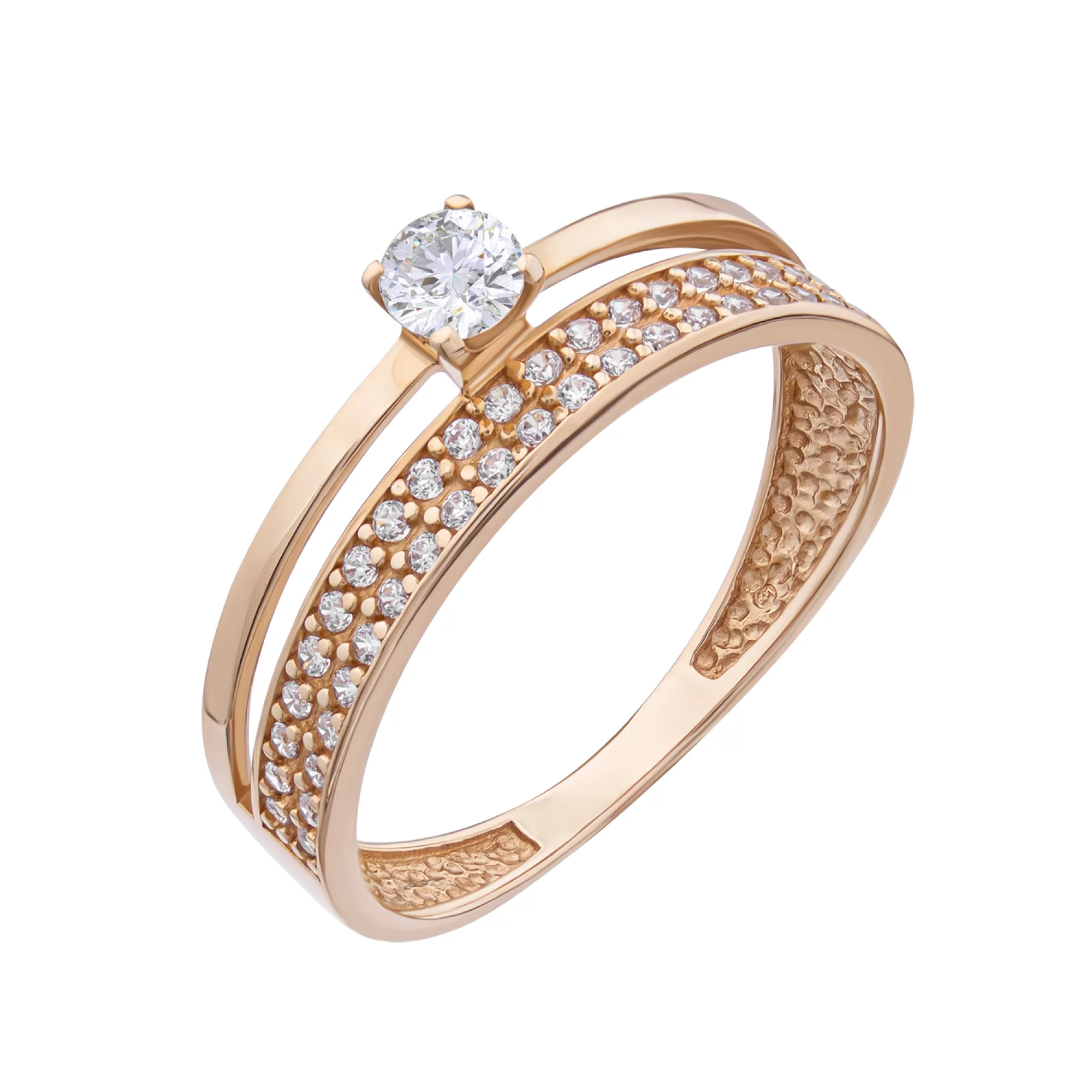 Золотое двойное кольцо с фианитами - 495274 – изображение 1