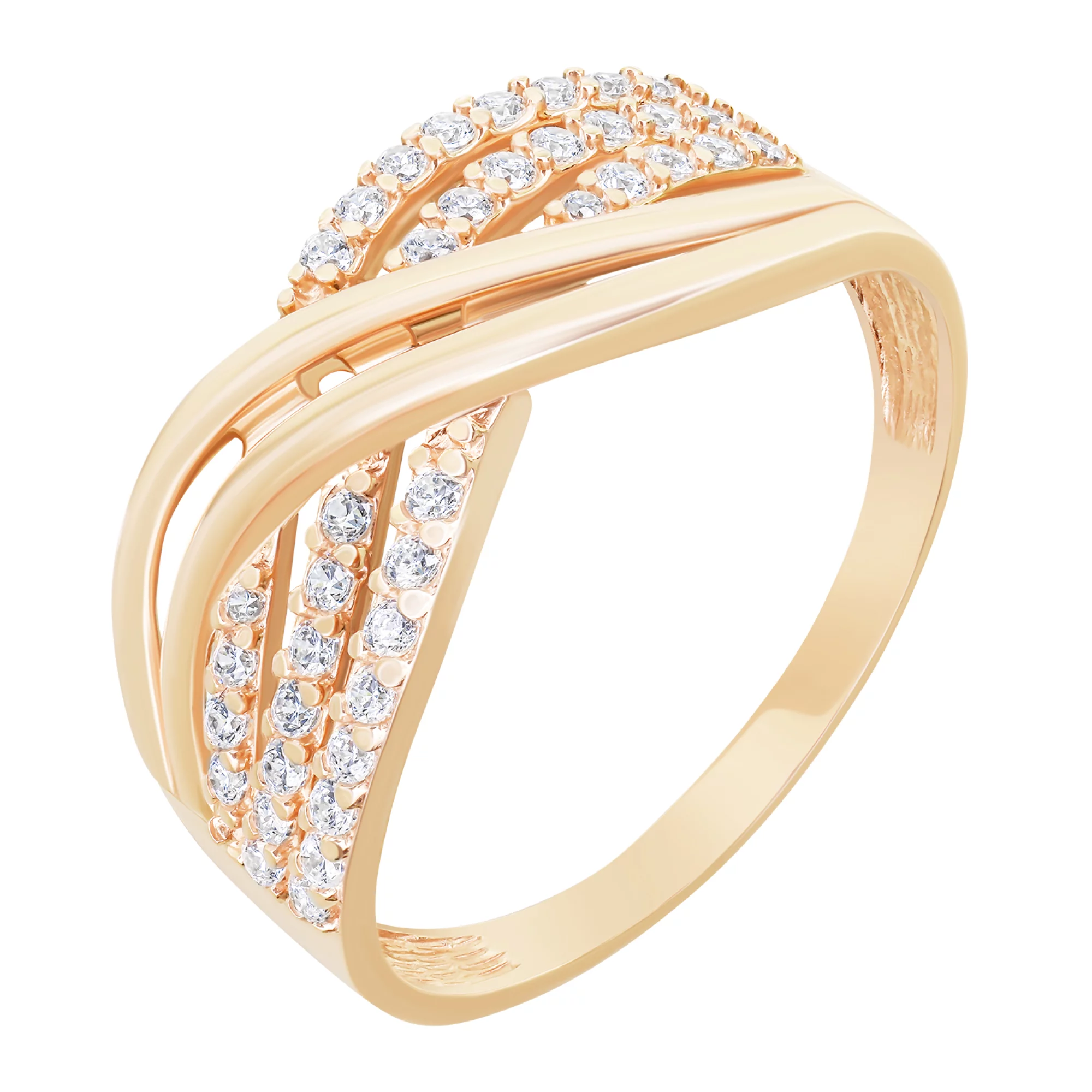 Широкое кольцо "Переплетение" из красного золота с фианитами - 1559550 – изображение 1