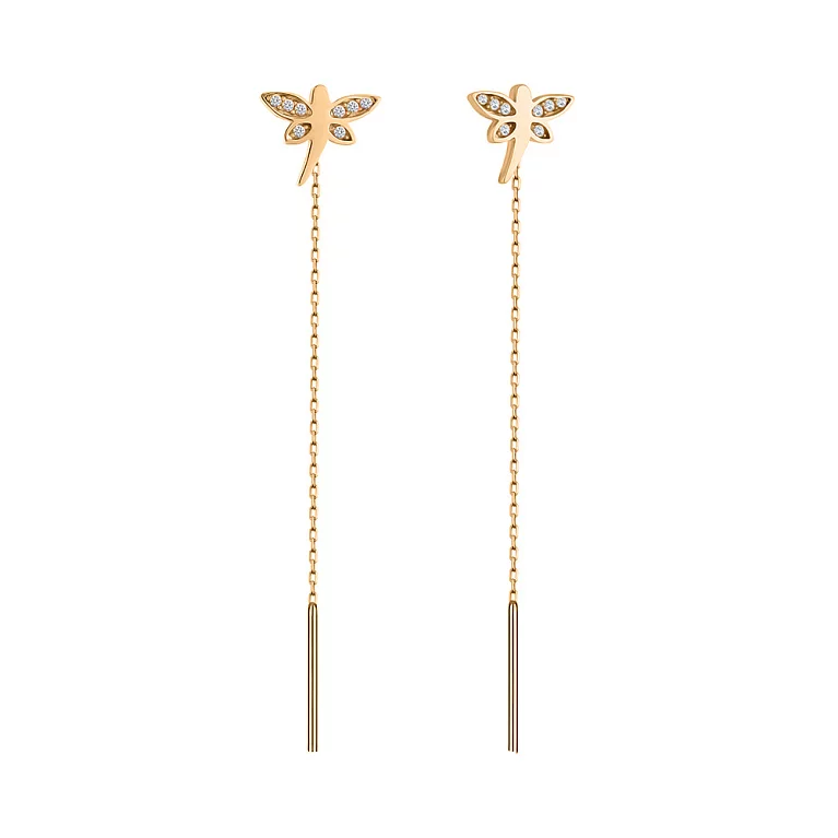 Золотые серьги-петли "Стрекоза" с фианитами. Артикул 108174: цена, отзывы, фото – купить в интернет-магазине AURUM