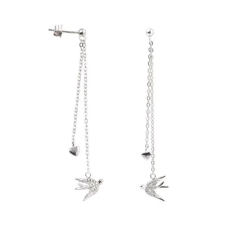 Срібні сережки з фіанітом "Сердечко і Ластівка". Артикул 7518/С2Ф/2030: ціна, відгуки, фото – купити в інтернет-магазині AURUM