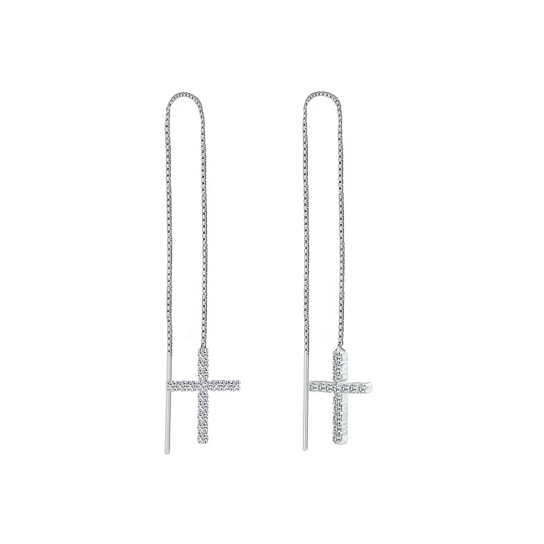 Срібні сережки-протяжки з фіанітом "Хрестики". Артикул 7502/С2Ф/1382: ціна, відгуки, фото – купити в інтернет-магазині AURUM