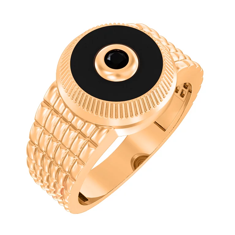 Золотий перстень з фіанітами та емаллю. Артикул 170074ч: ціна, відгуки, фото – купити в інтернет-магазині AURUM