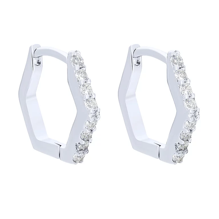 Сережки-кільця срібні геометричної форми з фіанітами. Артикул 7502/9066/10: ціна, відгуки, фото – купити в інтернет-магазині AURUM