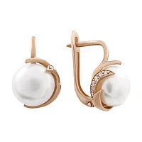 Сережки из красного золота с белой жемчужиной и фианитом - 853118 Сережки из красного золота с белой жемчужиной и фианитом - 853118