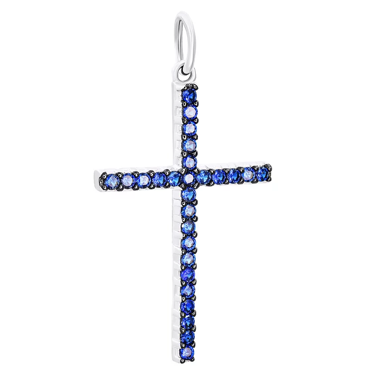 Декоративний срібний хрестик із синіми фіанітами. Артикул 7504/П2ФС/352/7: ціна, відгуки, фото – купити в інтернет-магазині AURUM