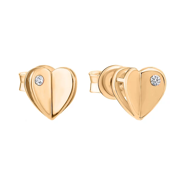 Золоті сережки-гвоздики "Сердечко" з фіанітом. Артикул 108301: ціна, відгуки, фото – купити в інтернет-магазині AURUM