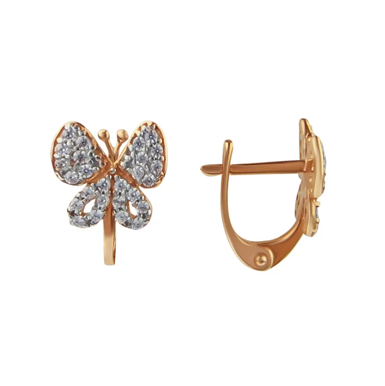 Дитячі золоті сережки з фіанітами "Метелики". Артикул 110189: ціна, відгуки, фото – купити в інтернет-магазині AURUM