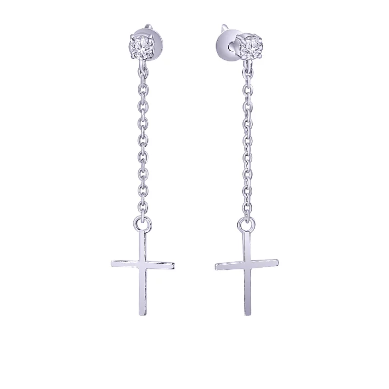 Срібні сережки-гвоздики з підвісами і фіанітом. Артикул 7518/82636б: ціна, відгуки, фото – купити в інтернет-магазині AURUM