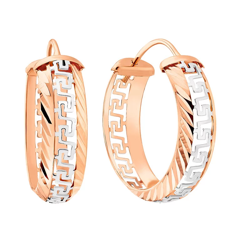 Сережки-кольца из комбинированого золота с греческим узором. Артикул 108604/20кб: цена, отзывы, фото – купить в интернет-магазине AURUM