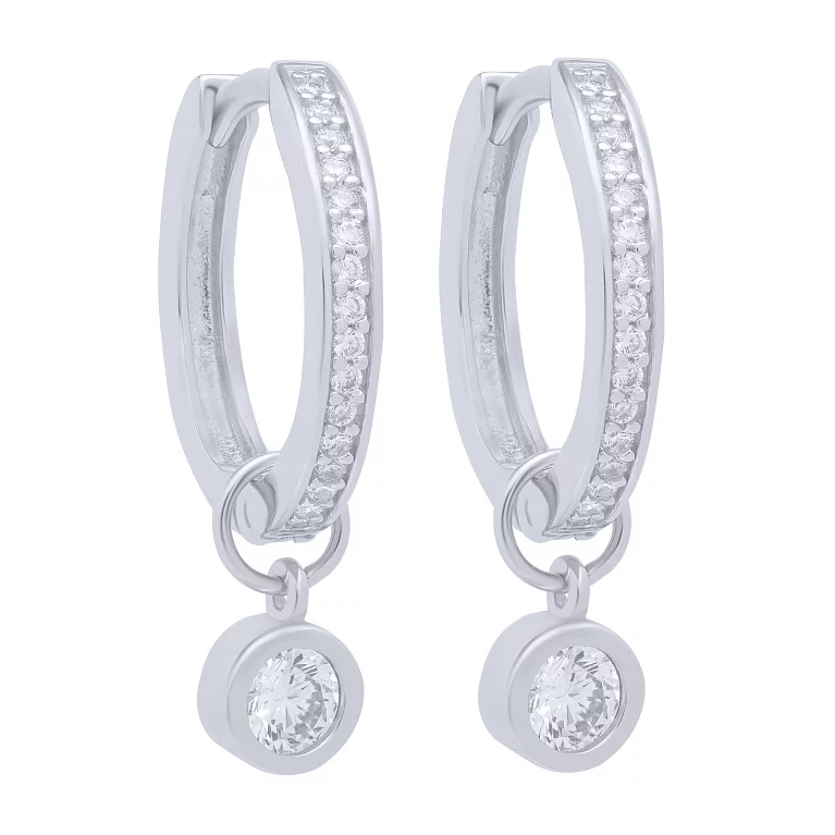 Срібні сережки-кільця з підвіскою та фіанітами. Артикул 7502/2149767: ціна, відгуки, фото – купити в інтернет-магазині AURUM