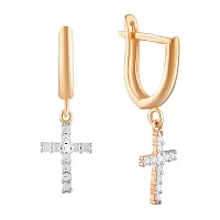 Сережки из красного золота с подвесными крестиками с фианитом - 966400 Сережки из красного золота с подвесными крестиками с фианитом - 966400