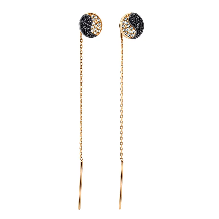 Золоті сережки-протяжки з фіанітом "Інь-Ян". Артикул 213672901: ціна, відгуки, фото – купити в інтернет-магазині AURUM