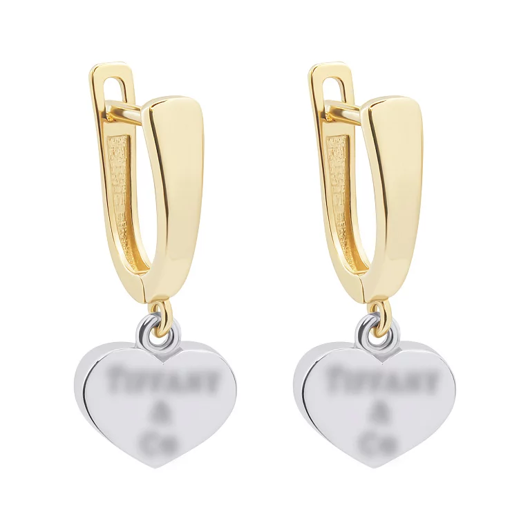Сережки з комбінованого золота з підвісками "Сердечка". Артикул 2093367: ціна, відгуки, фото – купити в інтернет-магазині AURUM