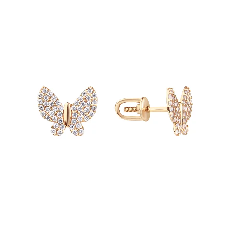 Золоті сережки-гвоздики з фіанітами "Метелик". Артикул 2104137101: ціна, відгуки, фото – купити в інтернет-магазині AURUM